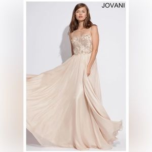 JOVANI prom dress size 2 champagne beige beading mesh neck ball gown
